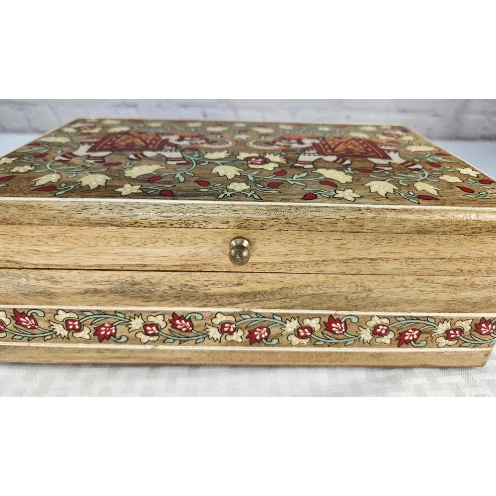 New Elephant Hand Painted Jewelry Box Treasure Chest Large Made In India Wood